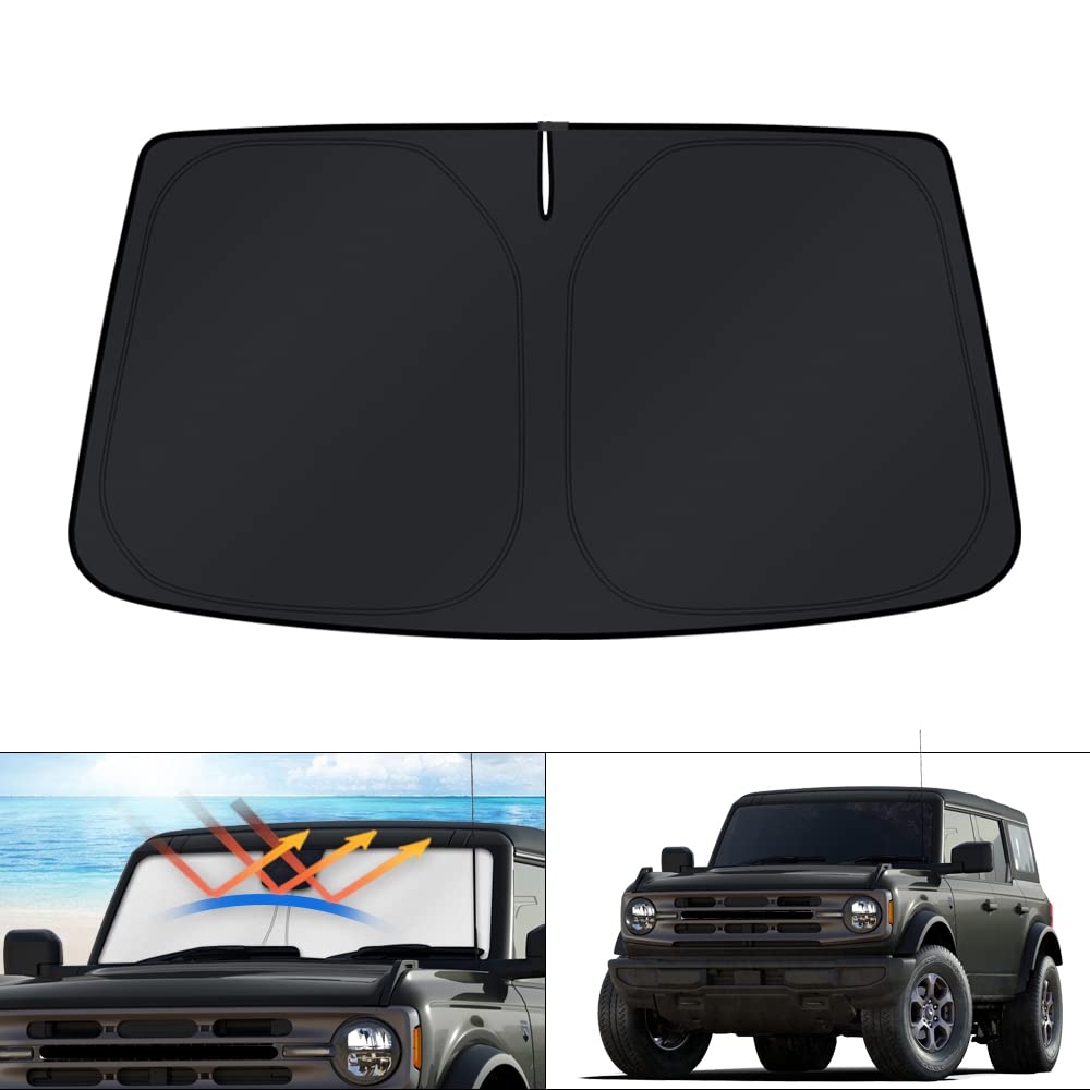 KUST front packaging showing custom-fit Bronco sun shade protects windshield