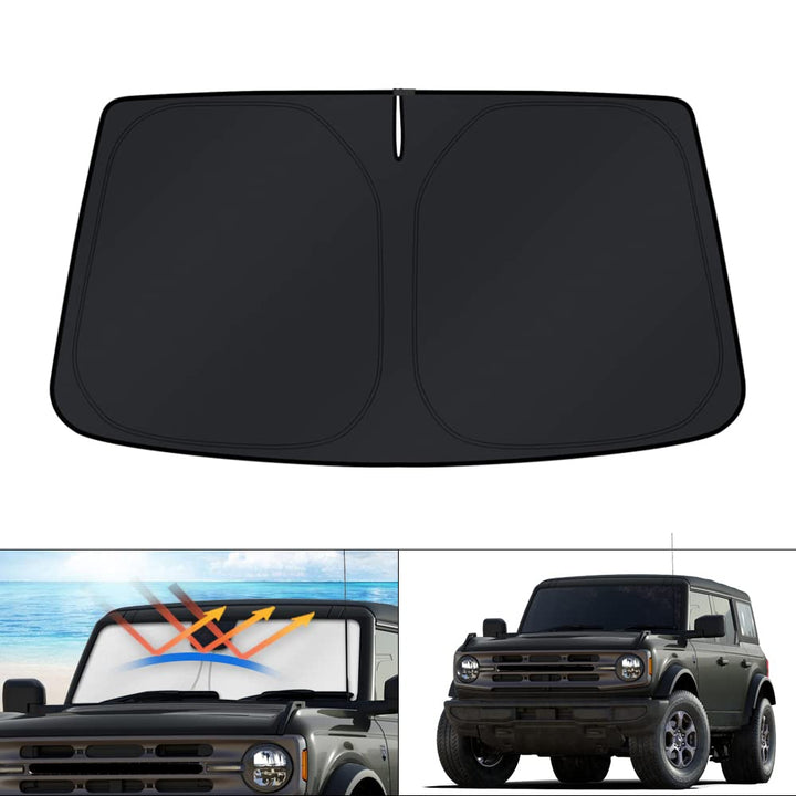 KUST front packaging showing custom-fit Bronco sun shade protects windshield