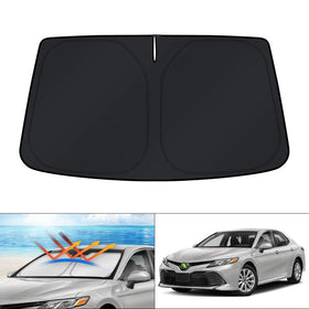 KUST front packaging showing custom-fit Camry shade protecting windshield