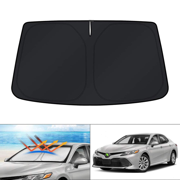 KUST front packaging showing custom-fit Camry shade protecting windshield