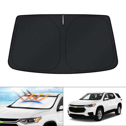 KUST front view of custom-fit shade on Traverse windshield protecting interior