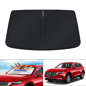 KUST front view of sun shade for Mazda CX-9 showing full windshield coverage and neat fit
