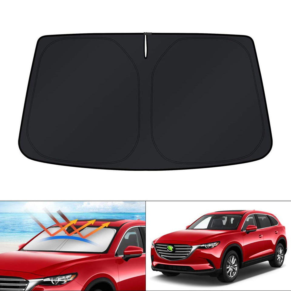 KUST front view of sun shade for Mazda CX-9 showing full windshield coverage and neat fit