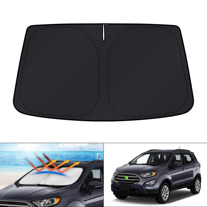 KUST front view of custom-fit EcoSport sun shade showing full windshield coverage and protection