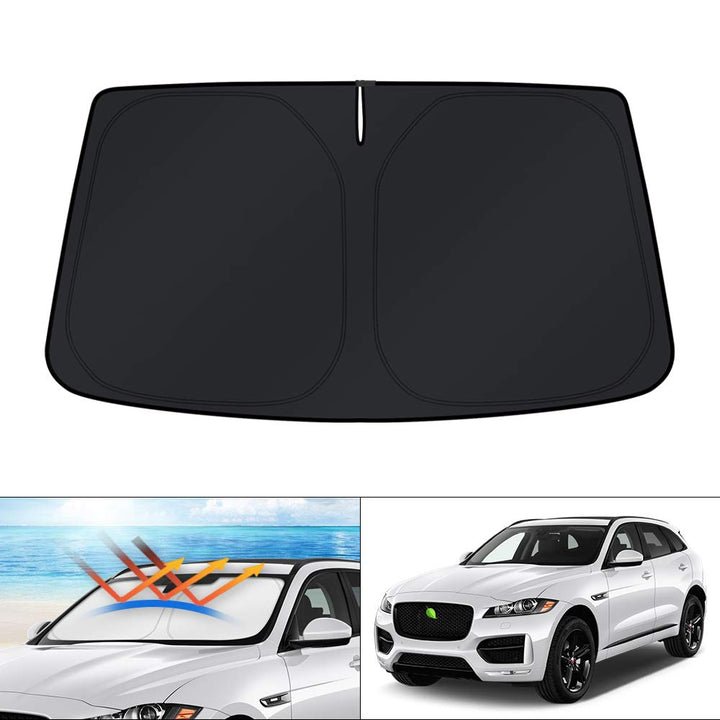 KUST front view of sun shade fitted to Jaguar F-Pace showing full windshield coverage and cooling benefit