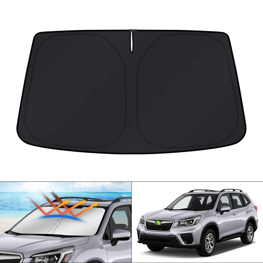 KUST front view of sun shade packaging showing model fit for Subaru Forester and easy benefits