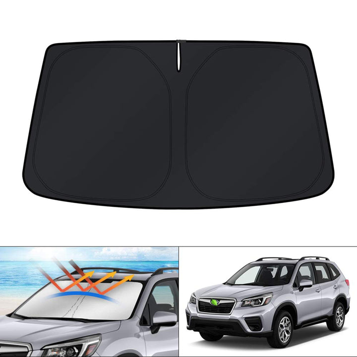 KUST front view of sun shade packaging showing model fit for Subaru Forester and easy benefits