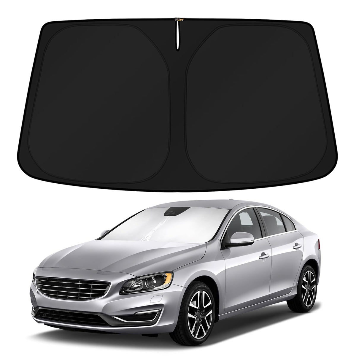 KUST front view showing custom-fit windshield shade protecting Volvo S60 interior
