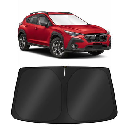 KUST full-coverage front view showing perfect Crosstrek fit and sun protection