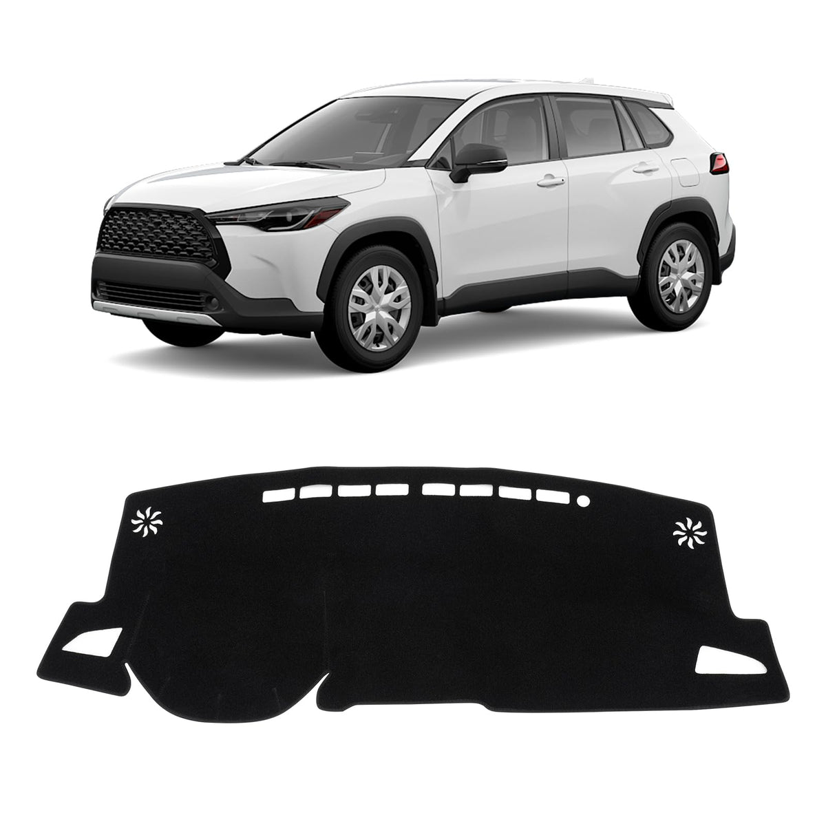 KUST front packaging showing fitted Corolla Cross dash cover and included tape benefit