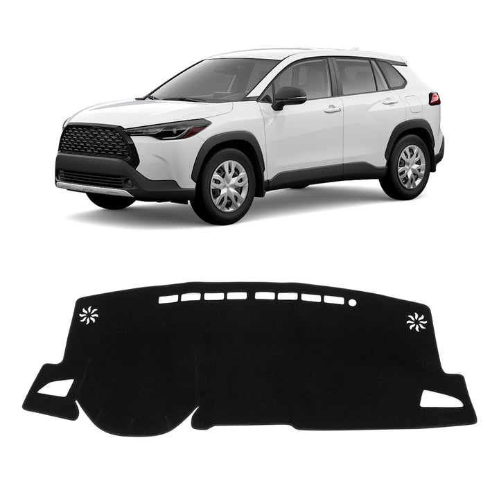 KUST front packaging showing fitted Corolla Cross dash cover and included tape benefit