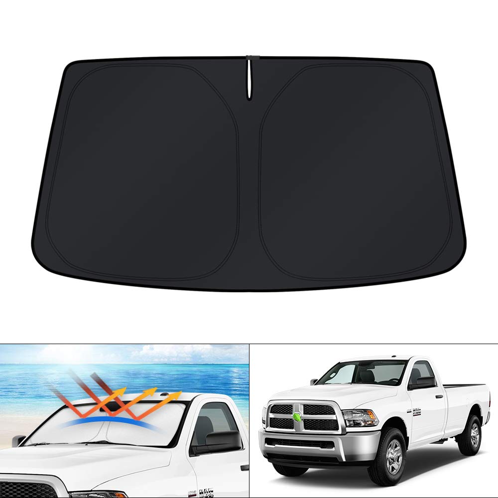 KUST front packaging showing custom-fit sunshade for Dodge RAM, protects dashboard
