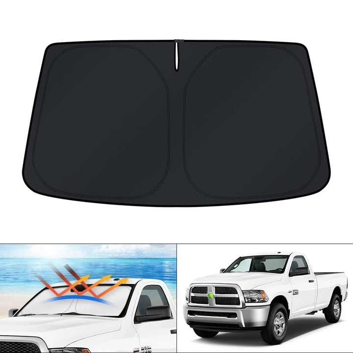 KUST front packaging showing custom-fit sunshade for Dodge RAM, protects dashboard