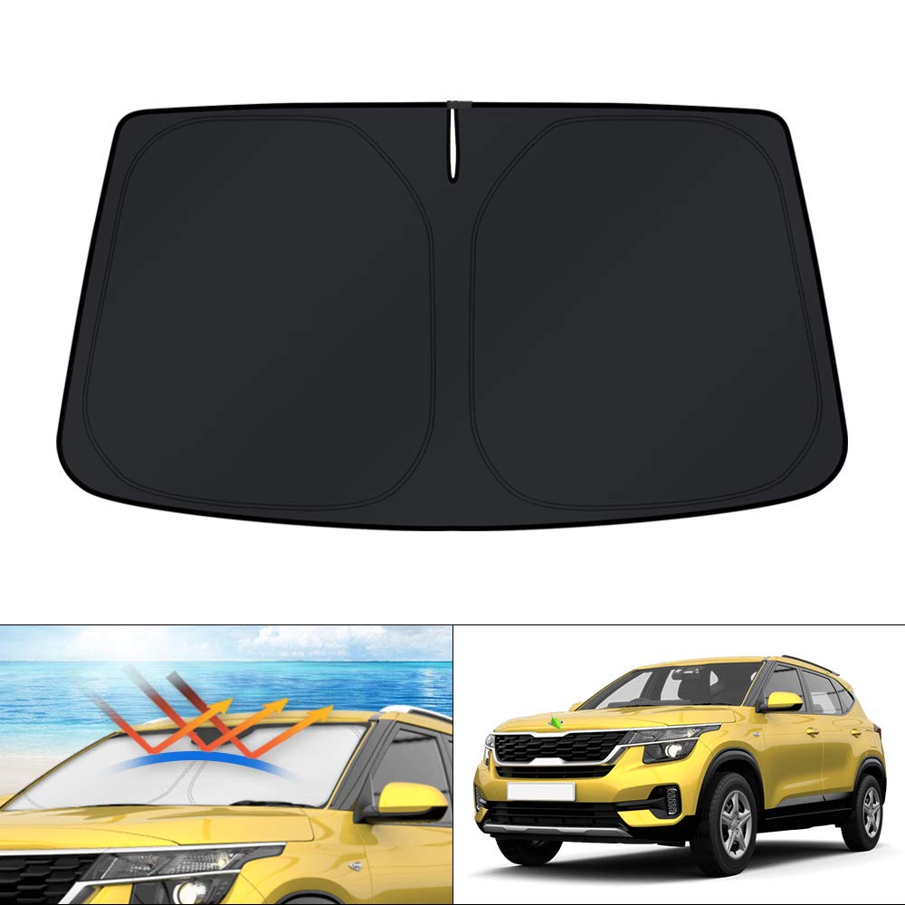 KUST front view of sun shade packaging showing model fit and protection benefits