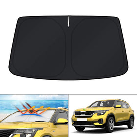 KUST front view of sun shade packaging showing model fit and protection benefits