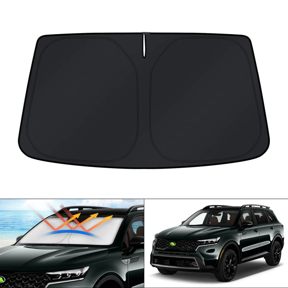 KUST front view showing full-fit shade on Kia Sorento windshield for maximum sun protection