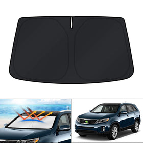 KUST front packaging showing custom-fit Sorento shade protecting windshield