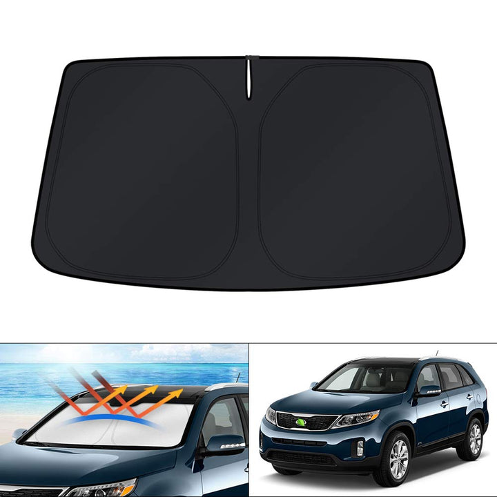 KUST front packaging showing custom-fit Sorento shade protecting windshield