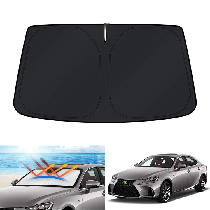 KUST front packaging showing custom-fit Lexus IS shade protecting windshield