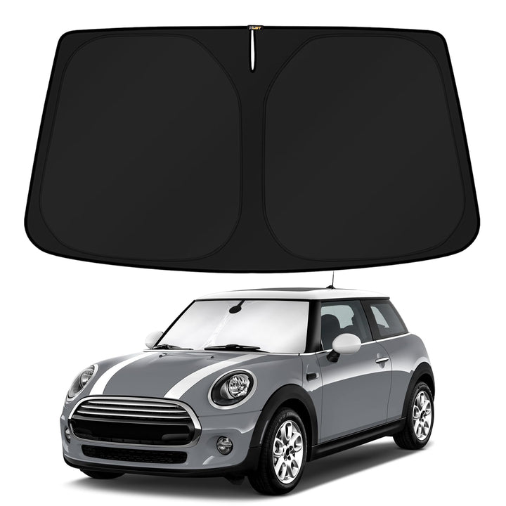 KUST front view showing custom-fit sun shade for Mini Cooper F55 protecting windshield