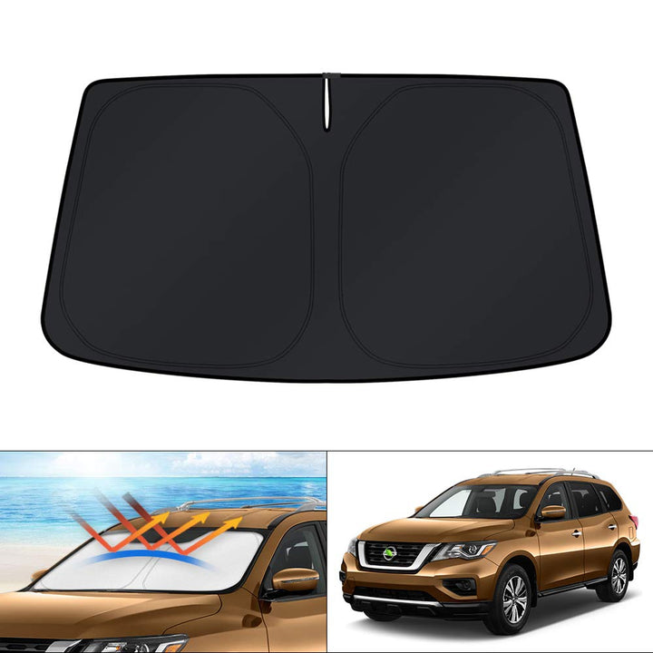 KUST front view of windshield shade packaging showing model fit benefits