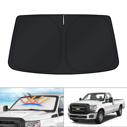 KUST front view of packaged windshield shade showing fit and branding, protects truck interior