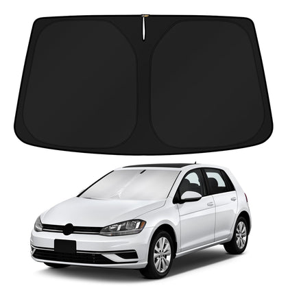 KUST front view of sun shade packaging showing model fit benefit