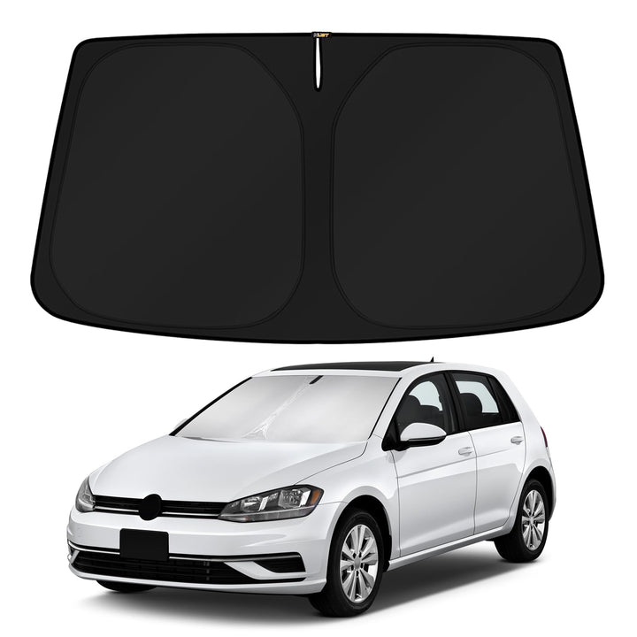 KUST front view of sun shade packaging showing model fit benefit