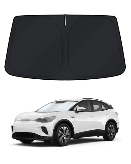 KUST front view of ID.4 sun shade showing full windshield coverage and neat fit