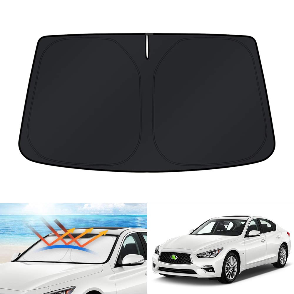 KUST front view showing custom-fit Q50 sun shade blocking sunlight and protecting dash