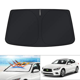 KUST front view showing custom-fit Q50 sun shade blocking sunlight and protecting dash