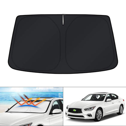 KUST front view showing custom-fit Q50 sun shade blocking sunlight and protecting dash