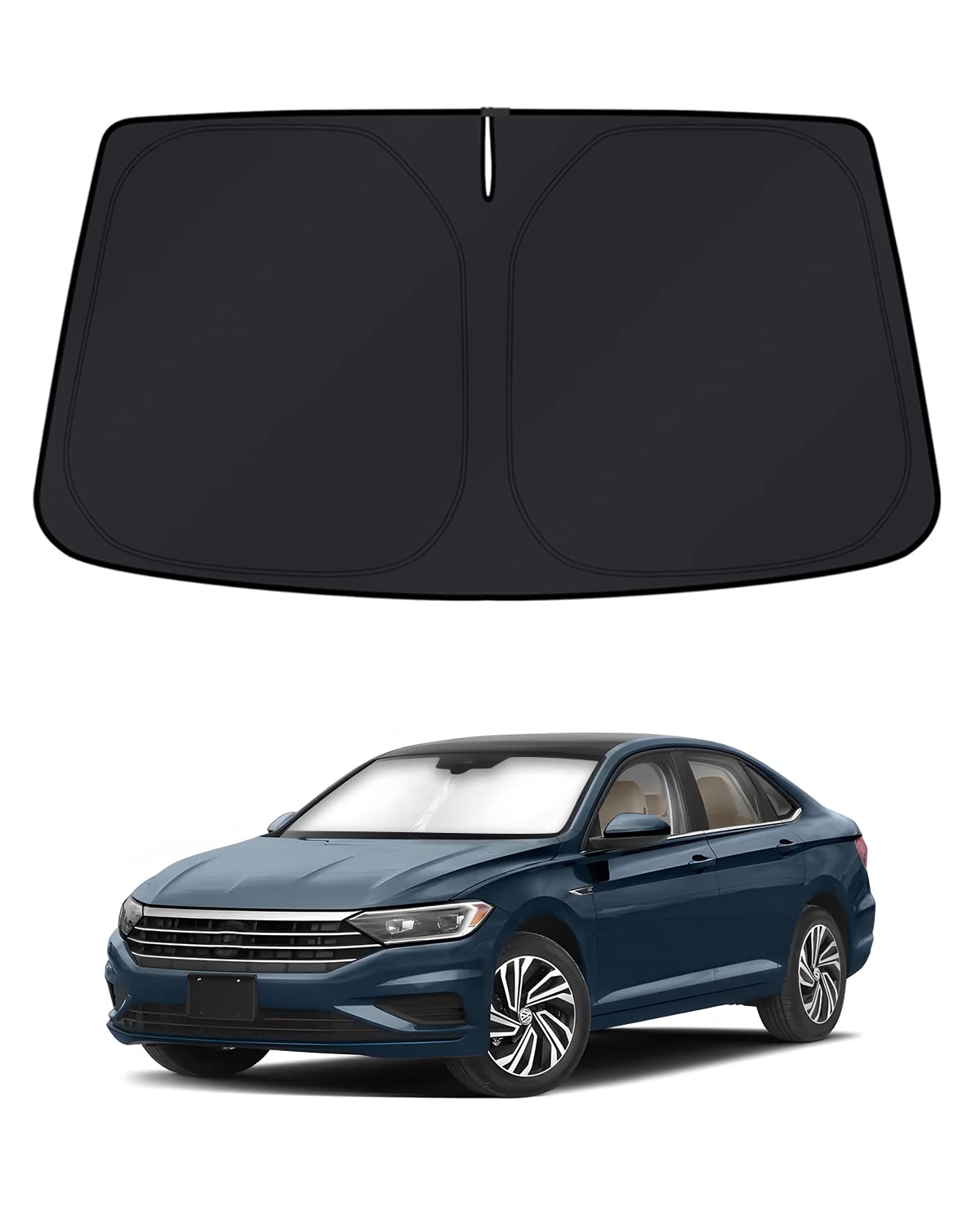 KUST sun shade front view showing precise Jetta windshield fit and full coverage benefit