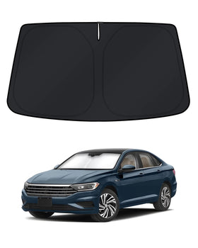 KUST sun shade front view showing precise Jetta windshield fit and full coverage benefit