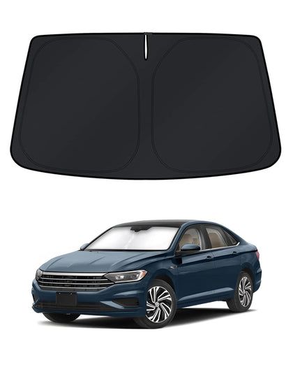 KUST sun shade front view showing precise Jetta windshield fit and full coverage benefit