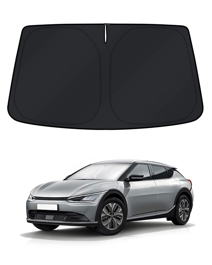 KUST sun shade front view on Kia EV6 showing full coverage and neat fit