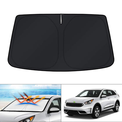 KUST front view full-coverage shade fitted to Kia Niro windshield for complete sun protection