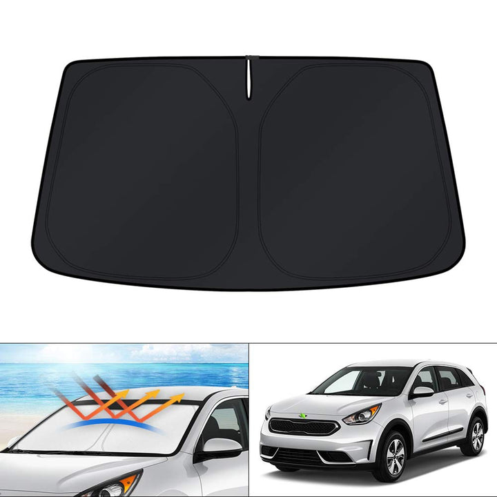 KUST front view full-coverage shade fitted to Kia Niro windshield for complete sun protection