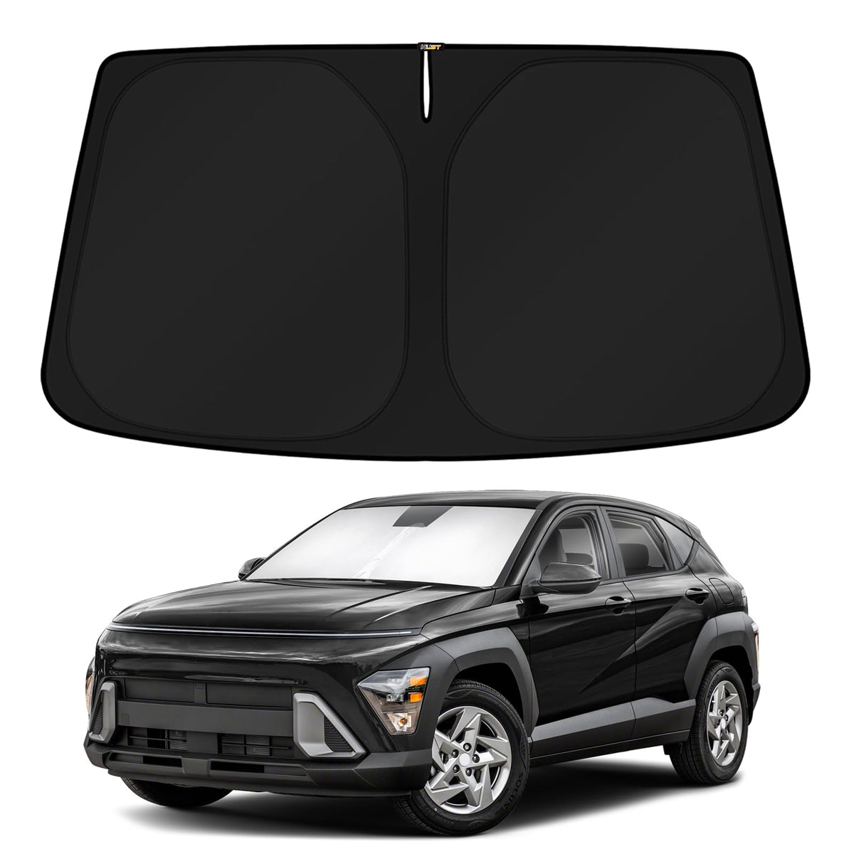 KUST front view of windshield shade package showing fit for Hyundai Kona and clear benefit