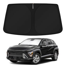 KUST front view of windshield shade package showing fit for Hyundai Kona and clear benefit