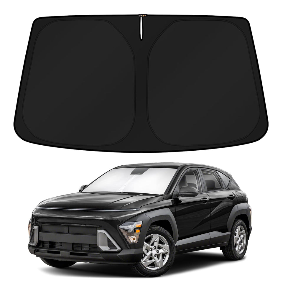 KUST front view of windshield shade package showing fit for Hyundai Kona and clear benefit