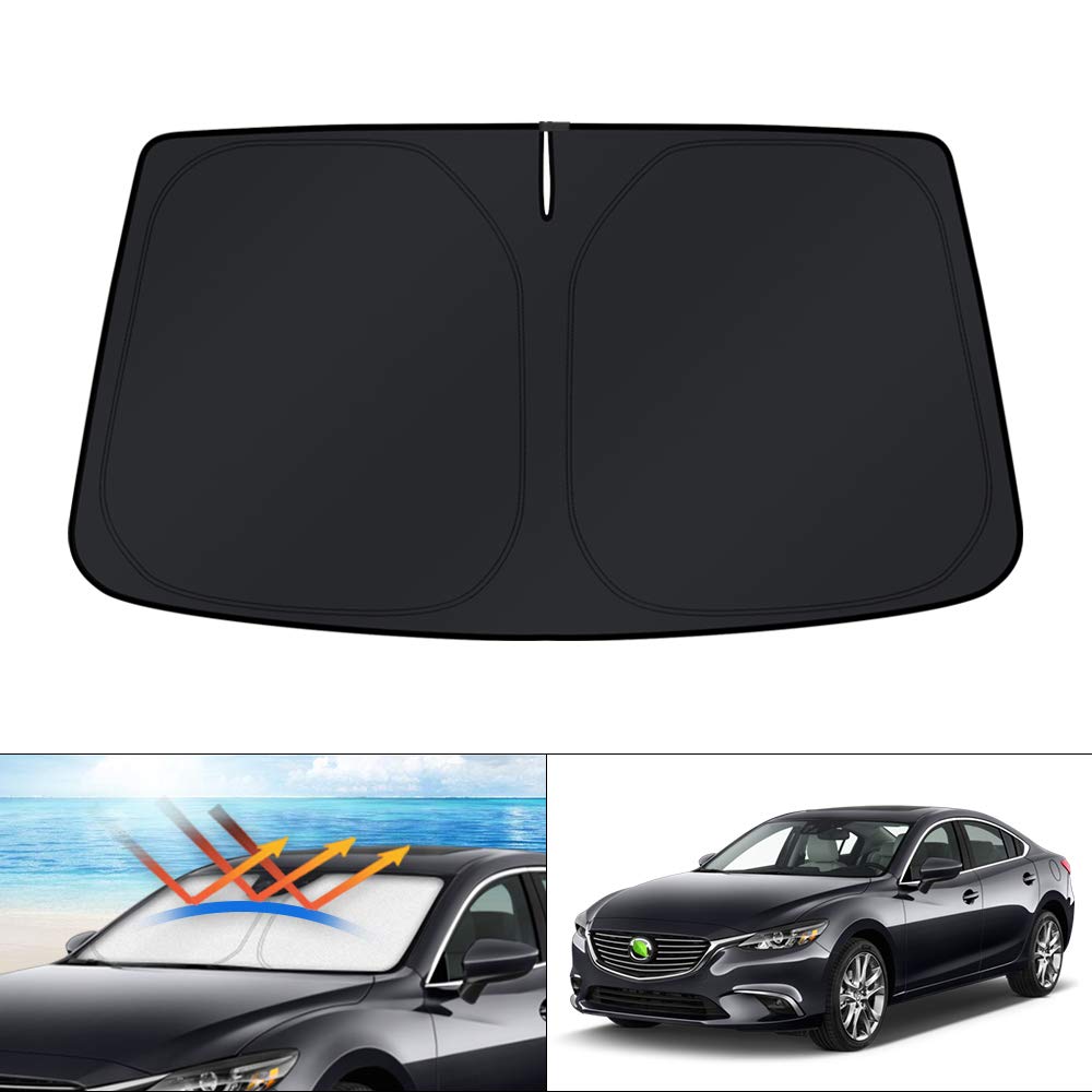 KUST front view of packaged sun shade showing fit for Mazda6 and easy install benefit