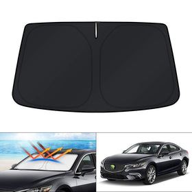 KUST front view of packaged sun shade showing fit for Mazda6 and easy install benefit