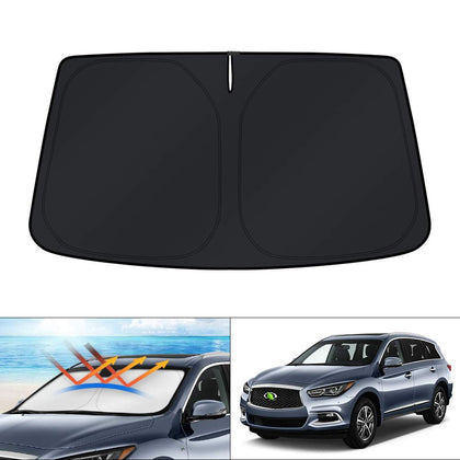 KUST front view of custom QX60 sun shade showing full windshield coverage and cooler cabin benefit
