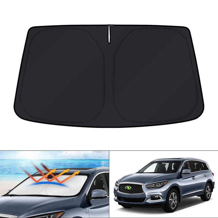 KUST front view of custom QX60 sun shade showing full windshield coverage and cooler cabin benefit