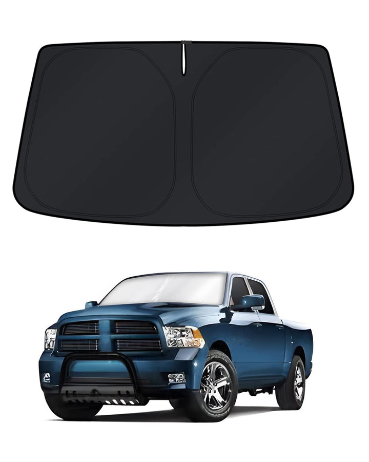 KUST front view installed on Ram 1500 blocking sun and cooling cabin