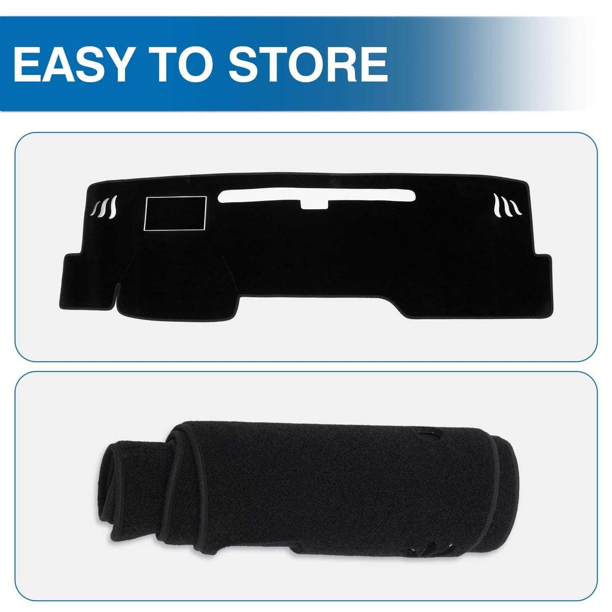 KUST hand beside mat to show scale and tailored dashboard coverage