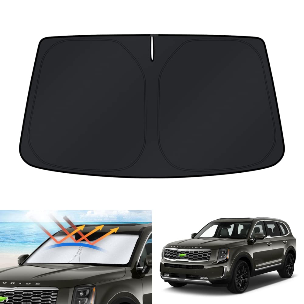 KUST front view of custom-fit shade on Kia Telluride windshield protecting interior