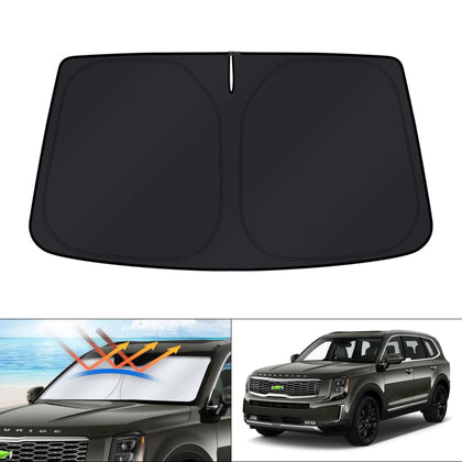 KUST front view of custom-fit shade on Kia Telluride windshield protecting interior