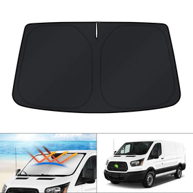 KUST front view of custom-fit shade fitted to Transit windshield reduces cabin heat